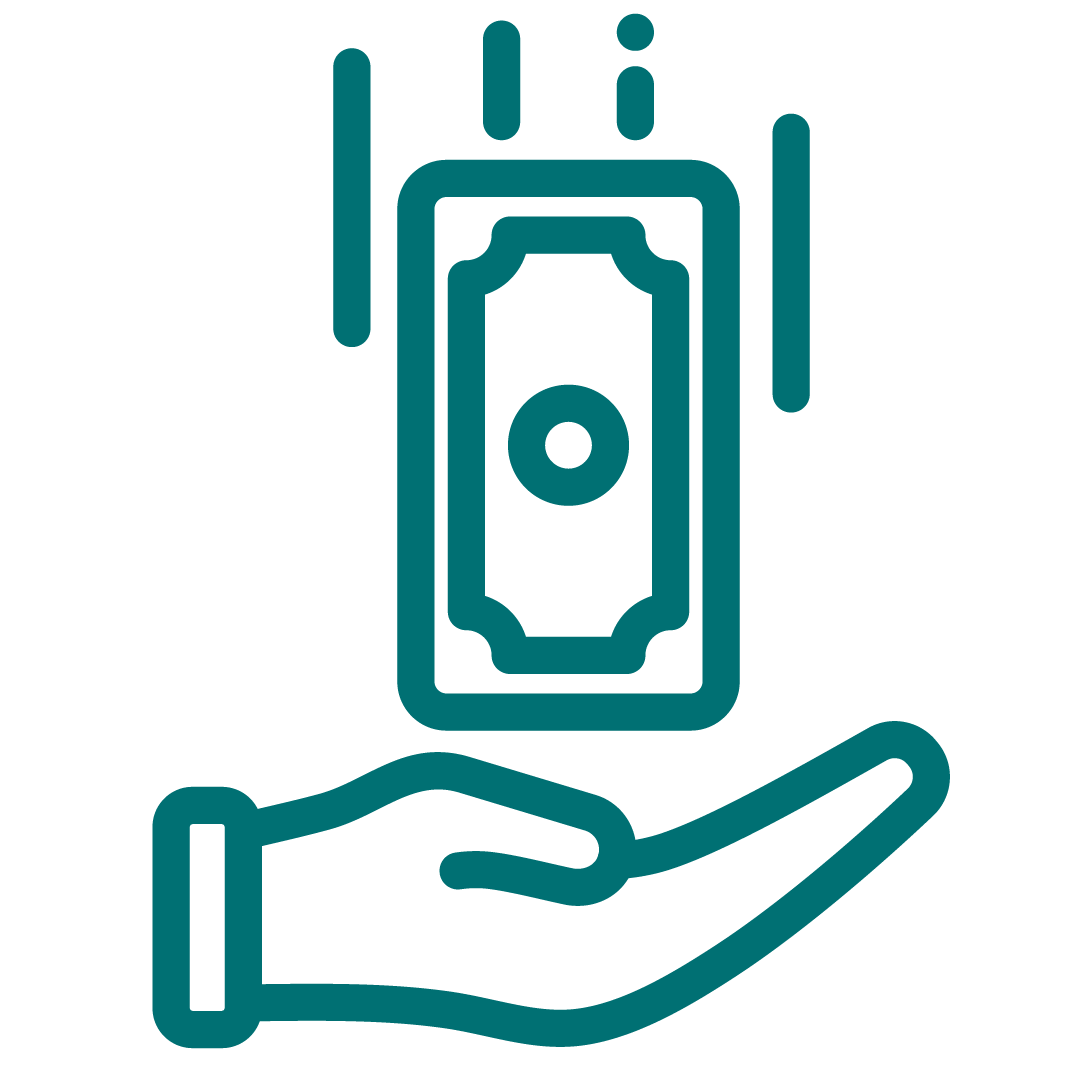 money falling into hand teal icon